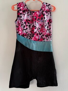 Girls Pink Leopard & Black Gymnastics Leotard with Teal Band Size 8-10